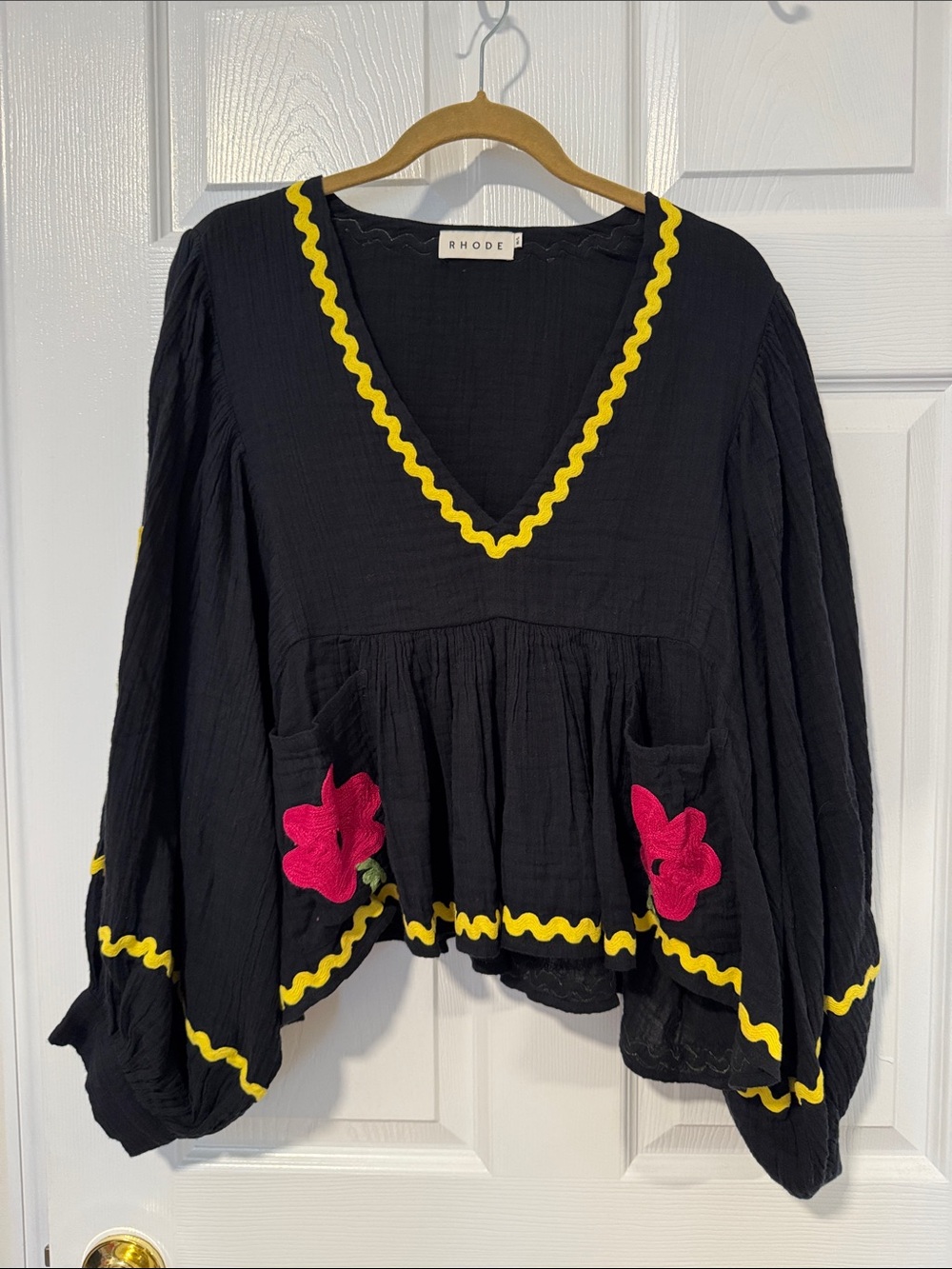Rhode Black Peasant Top with Yellow Trim and Pink Flower Accents 100% Cotton M/L